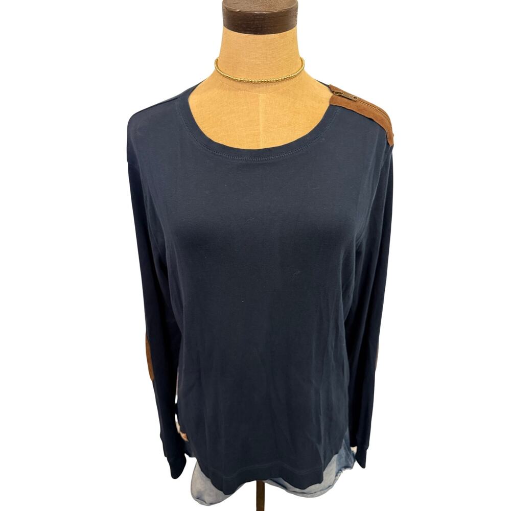 LAUREN RALPH LAUREN Navy w/ Brown Suede Elbow Patch Accents Top Shirt XL